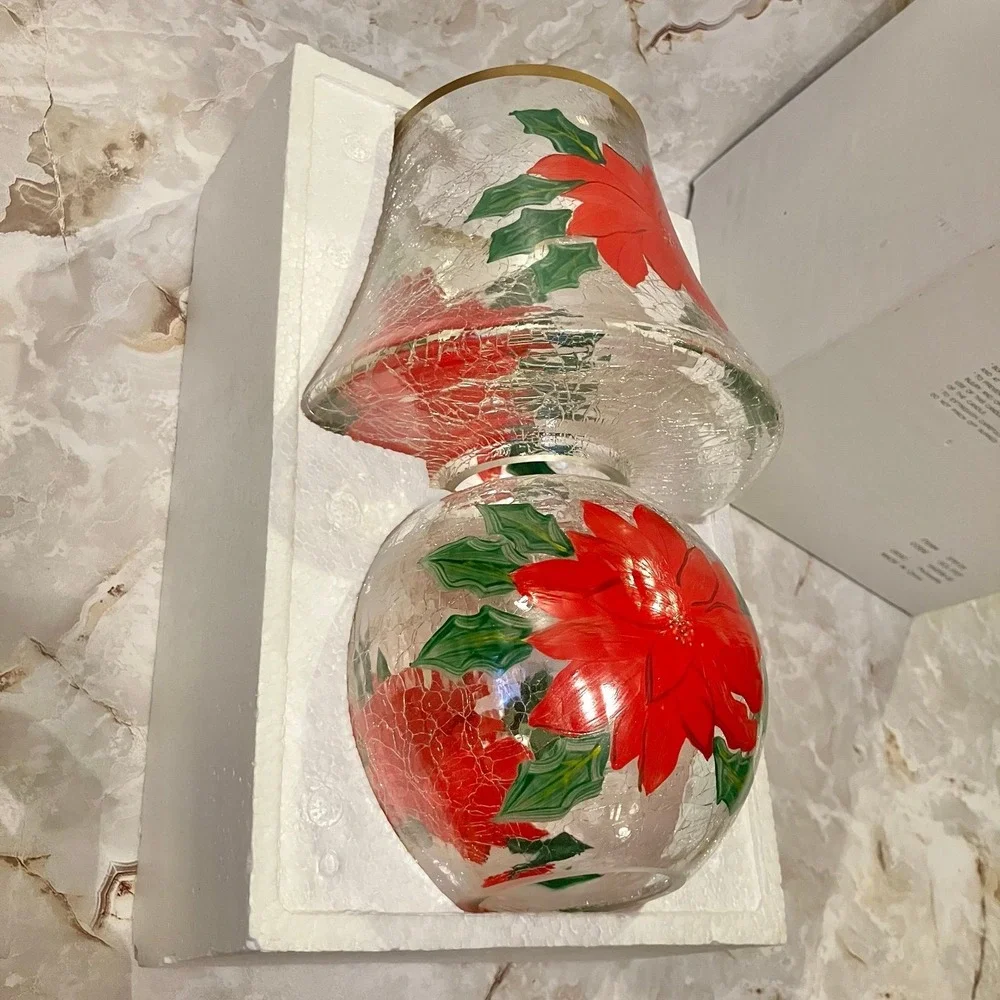 Yankee Candle Crackle Glass Poinsettia Lamp Set Votive Holder Hurricane Shade
